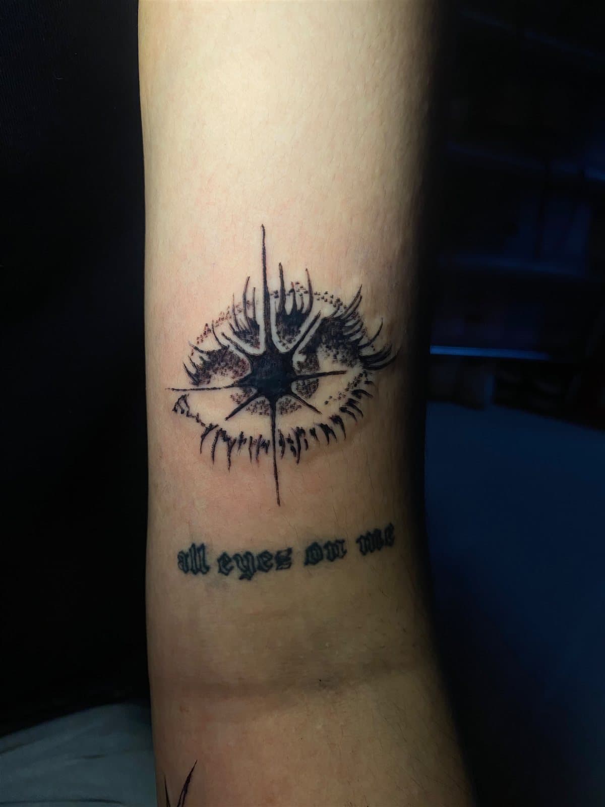 Eye, dagger & lettering, forearm