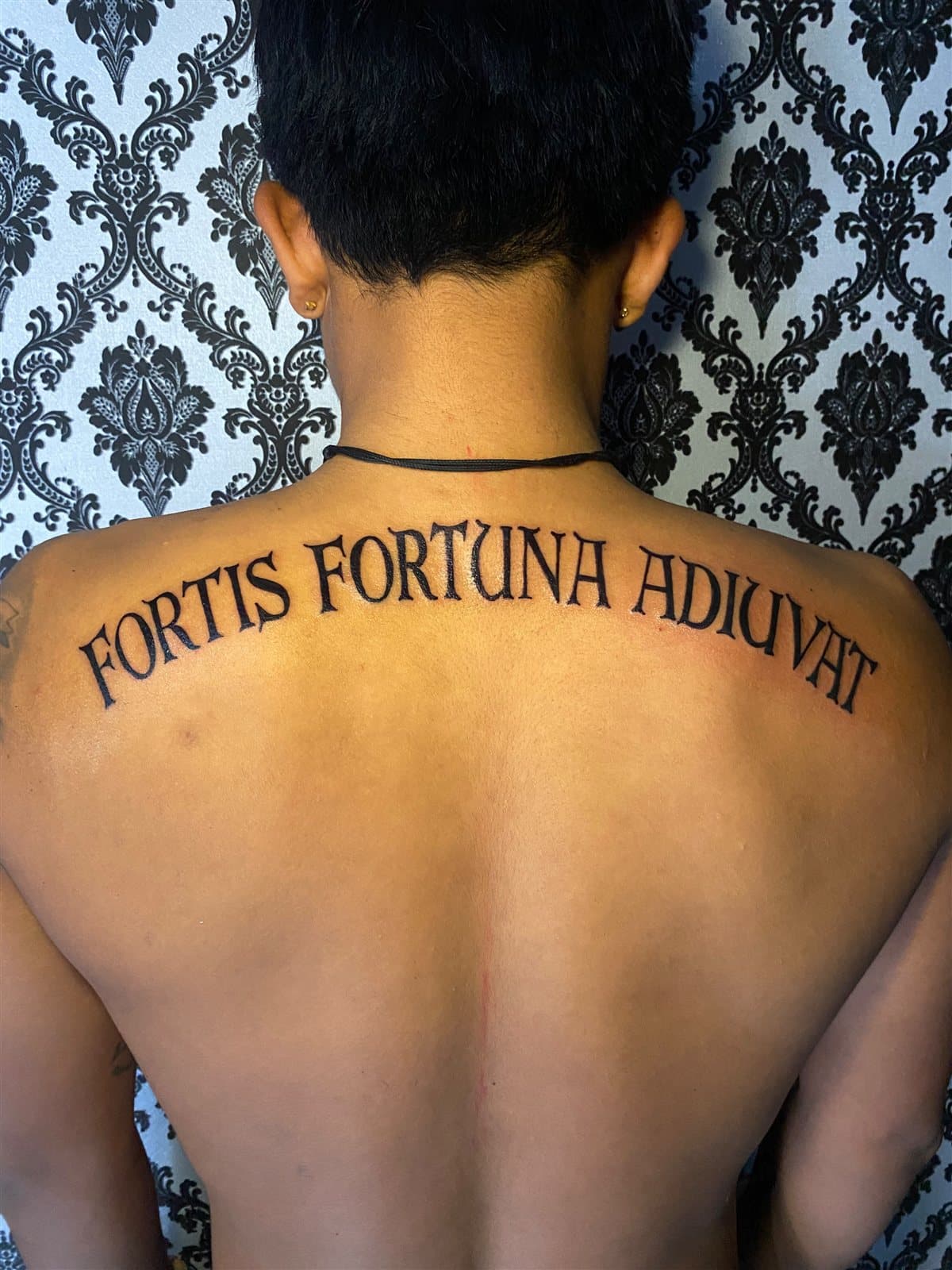 Fortis Fortuna Adiuvat lettering, upper back